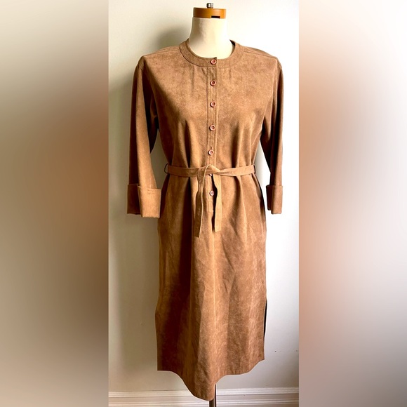Blassport Dresses & Skirts - Vintage Blassport Ultra Suede Button Shirt Dress Brown Belted 3/4 Sleeves Size 4